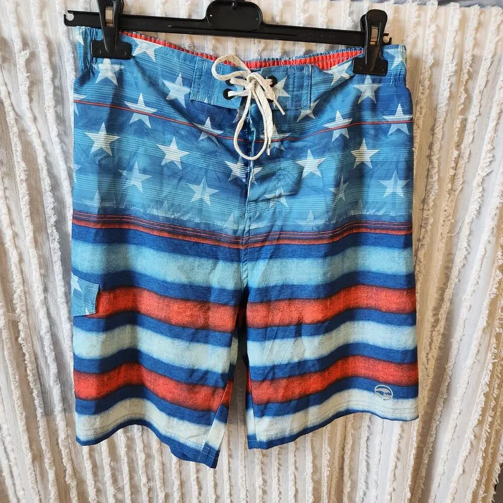 Ocean Current Blue & Red Star Stripe Men's Swim Board Shorts